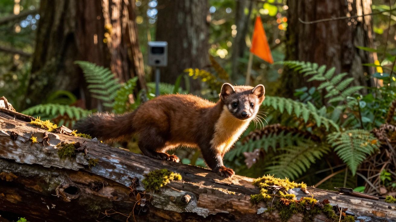 Pine marten em tronco de árvore no meio da floresta com vegetação verde ao redor.