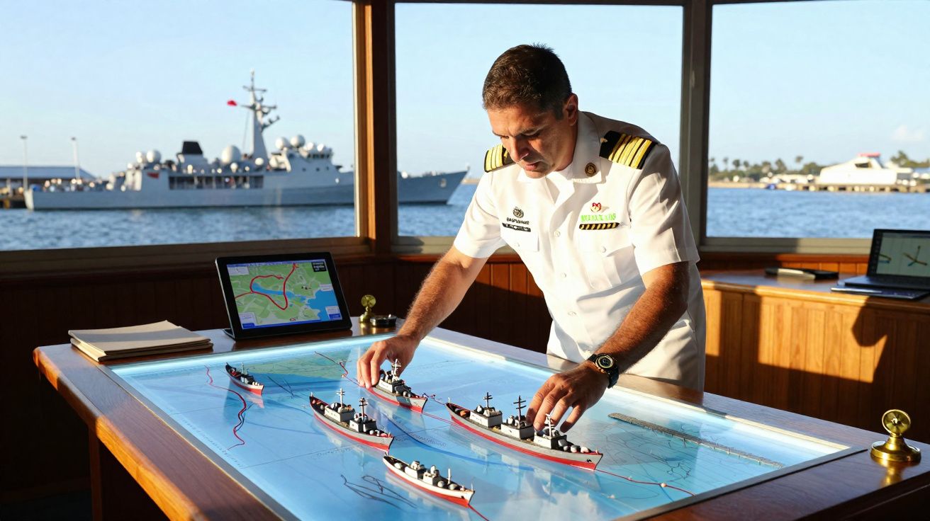 Oficial naval em uniforme branco organiza modelos de navios sobre mesa de navegação com mapa marítimo.
