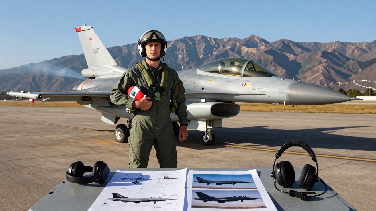Piloto militar em fato de voo junto a um avião de caça na pista, com montanhas ao fundo e documentos sobre a mesa.