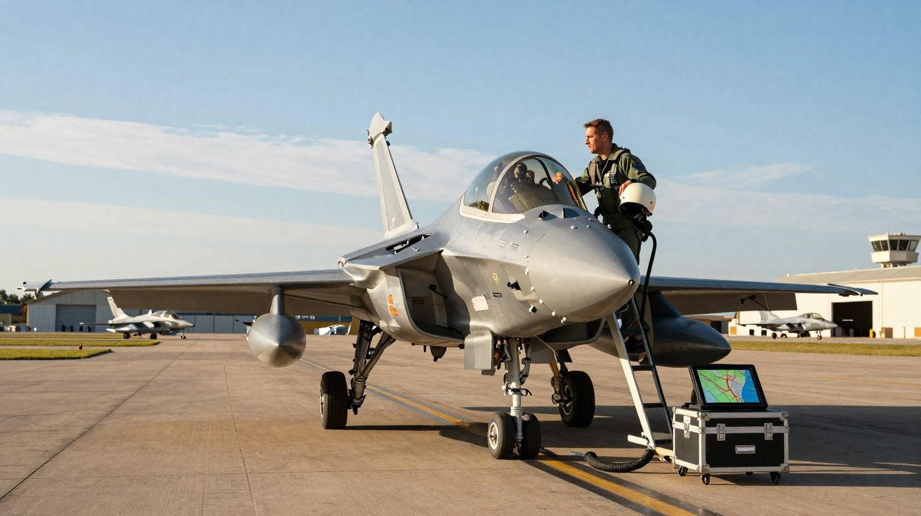 Avião militar estacionado com piloto a sair pela escada numa pista de aeroporto ao amanhecer.