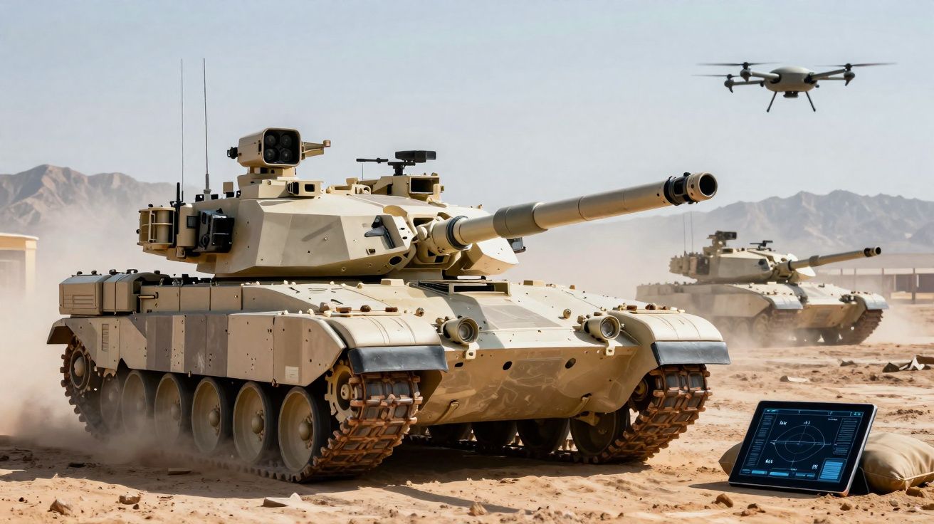 Tanques militares em deserto com drone a voar e tablet a monitorizar operações.