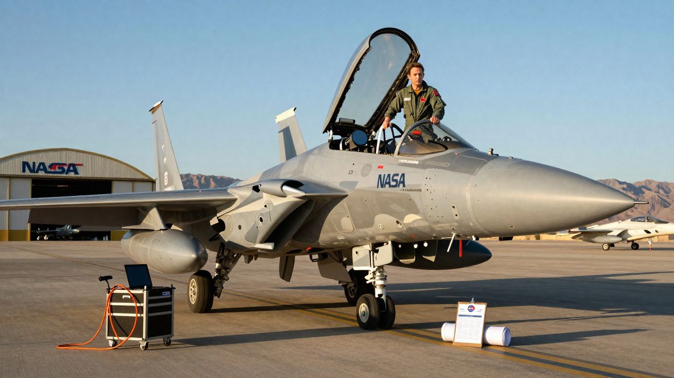 Avião militar cinzento com piloto na cabine aberta numa pista da NASA ao pôr do sol.