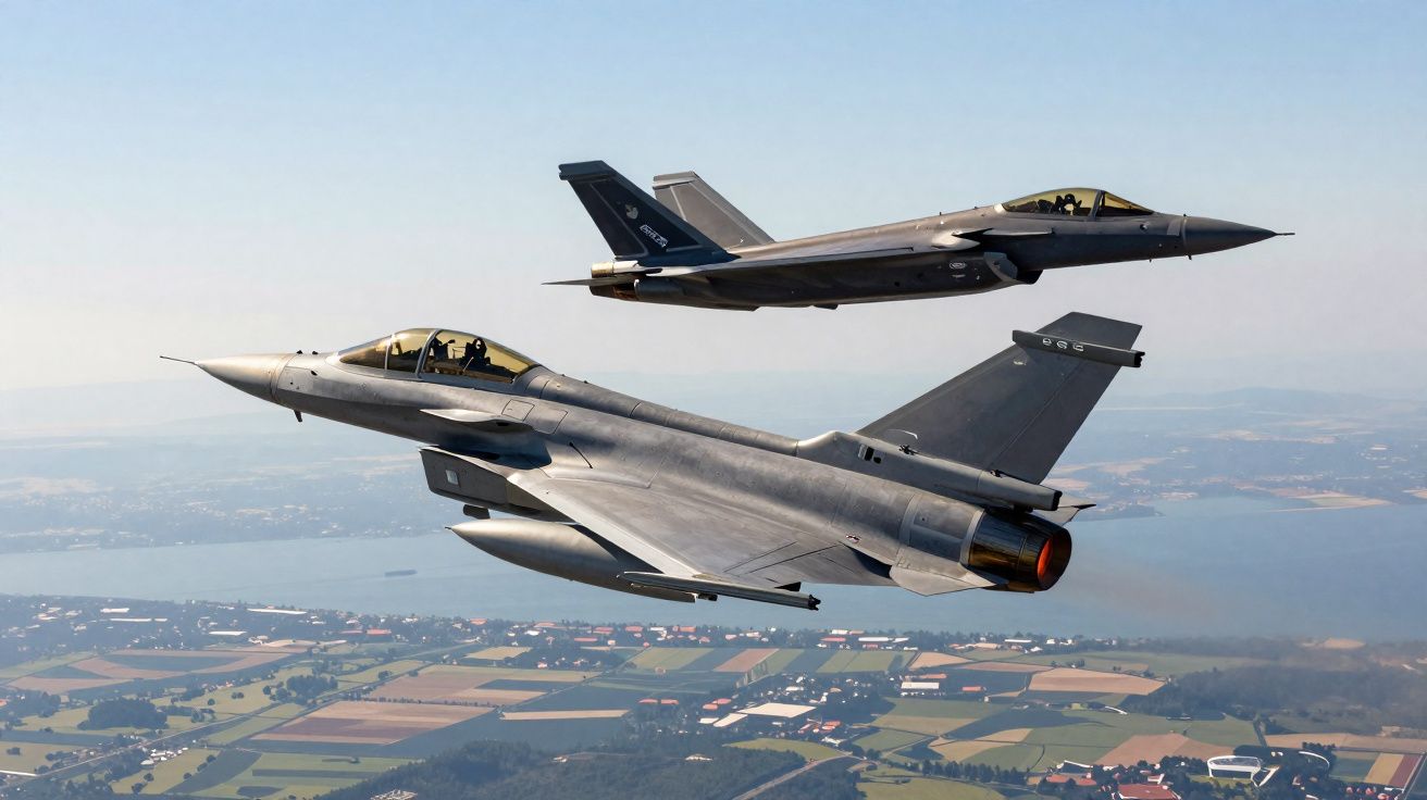 Dois caças militares em voo acima de uma área rural com campos e corpos de água ao fundo.