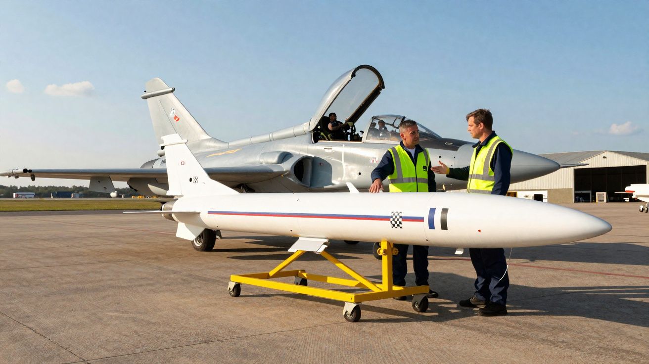 Dois homens de colete fluorescente junto a um jato militar numa pista com um míssil em suporte amarelo.