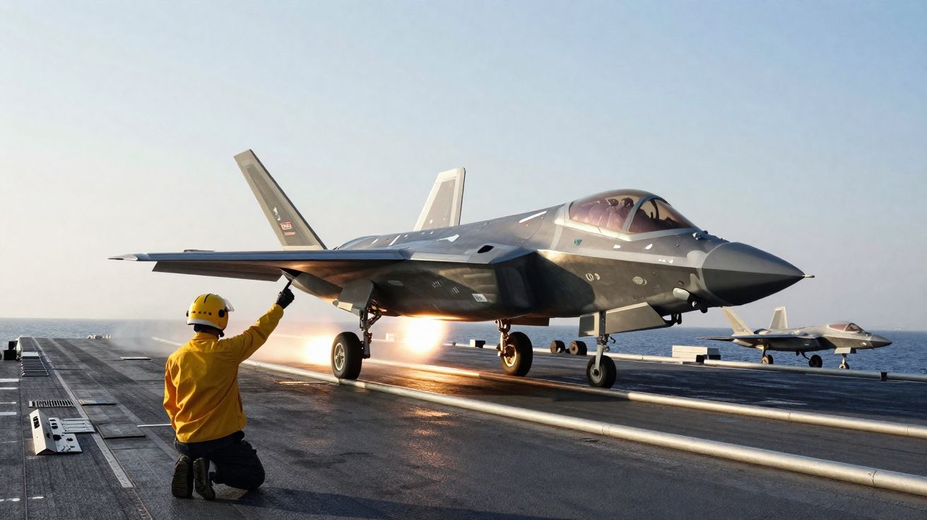 Caça F-35 a descolar de um porta-aviões com sinalização de operador em uniforme amarelo.