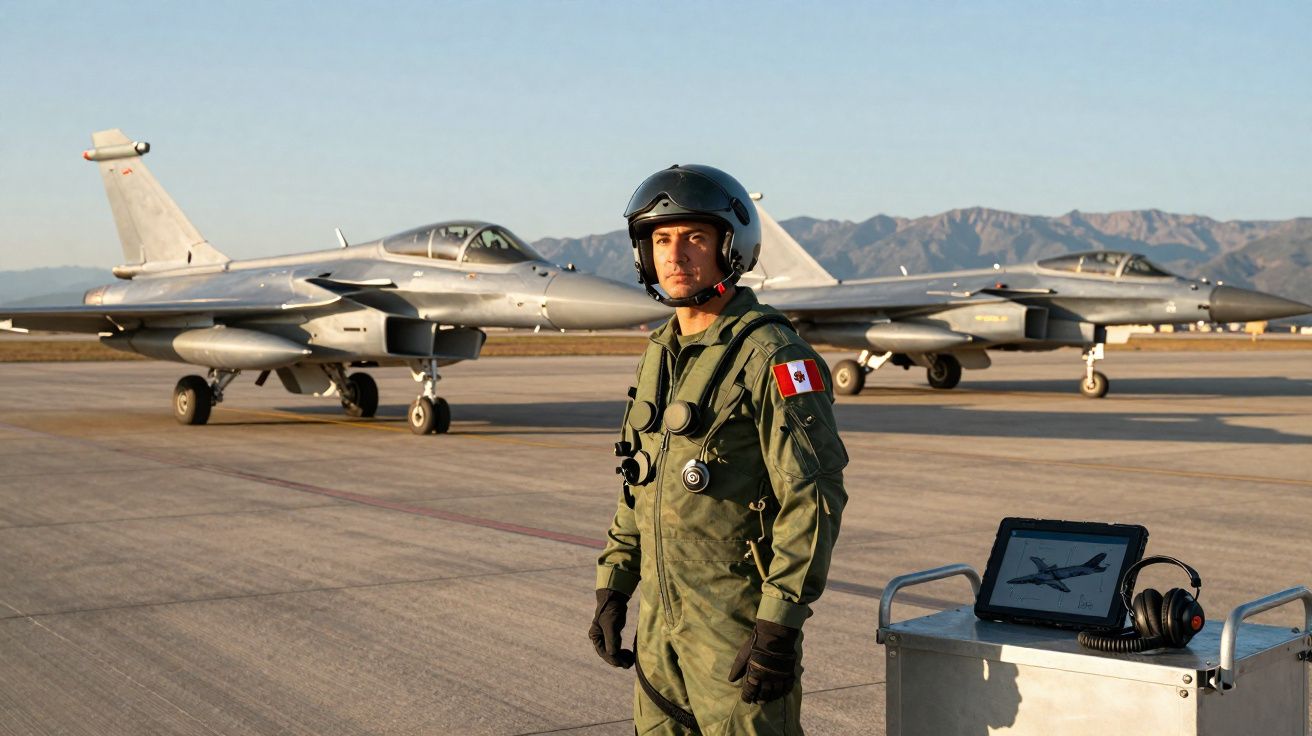 Piloto militar de uniforme e capacete junto a dois jatos numa pista de descolagem ao entardecer.