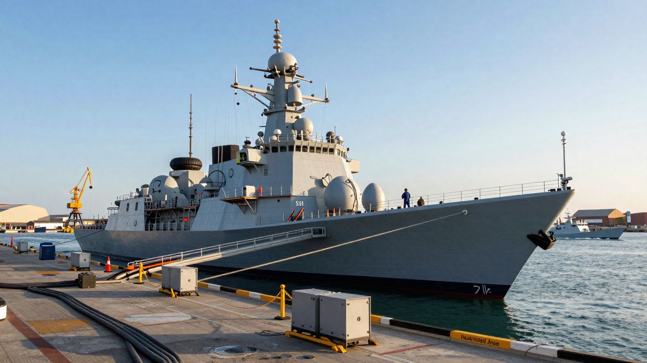 Navio militar cinzento atracado num porto com cais e equipamento industrial ao fundo ao entardecer.