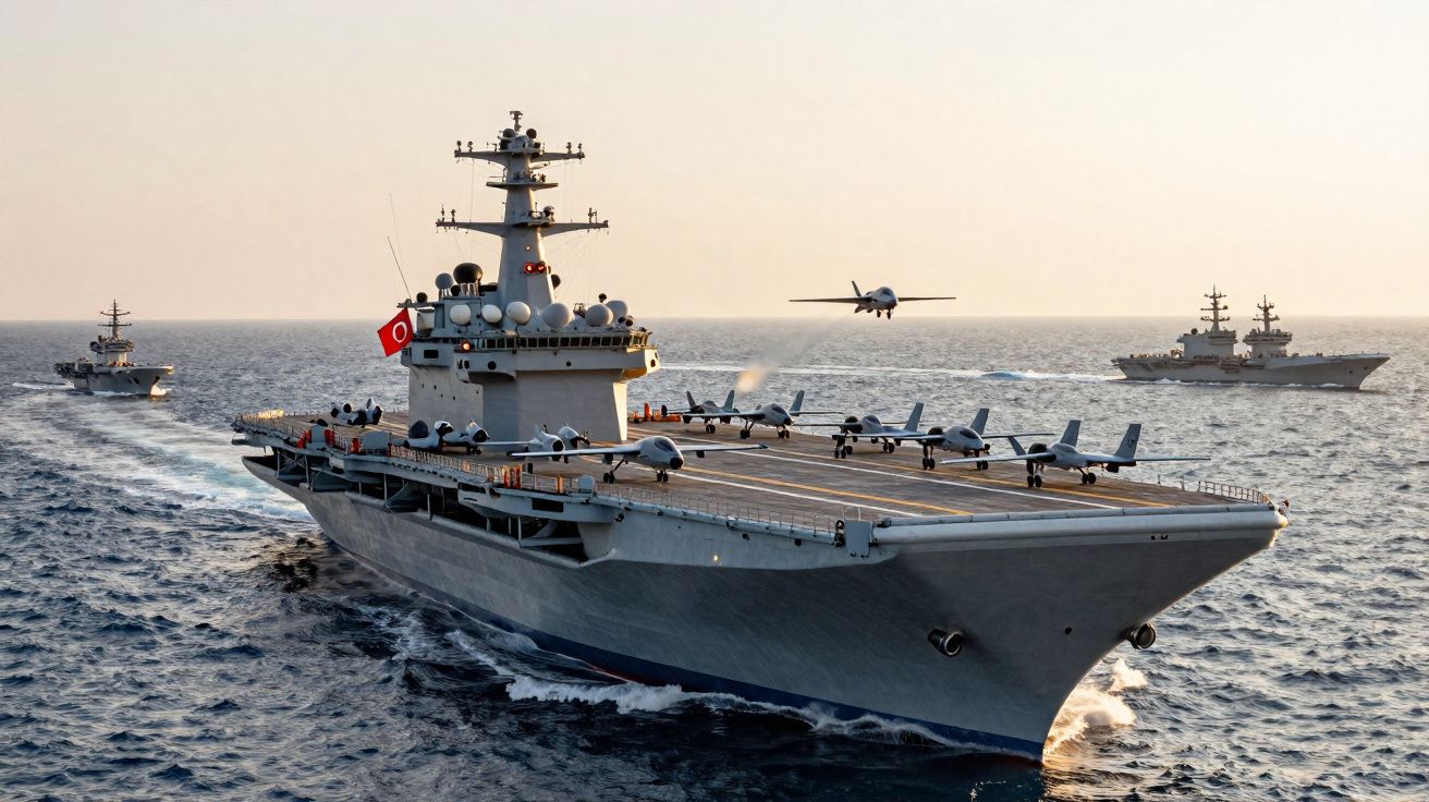 Porta-aviões turco com vários caças e um drone, acompanhado por outros navios militares no mar.