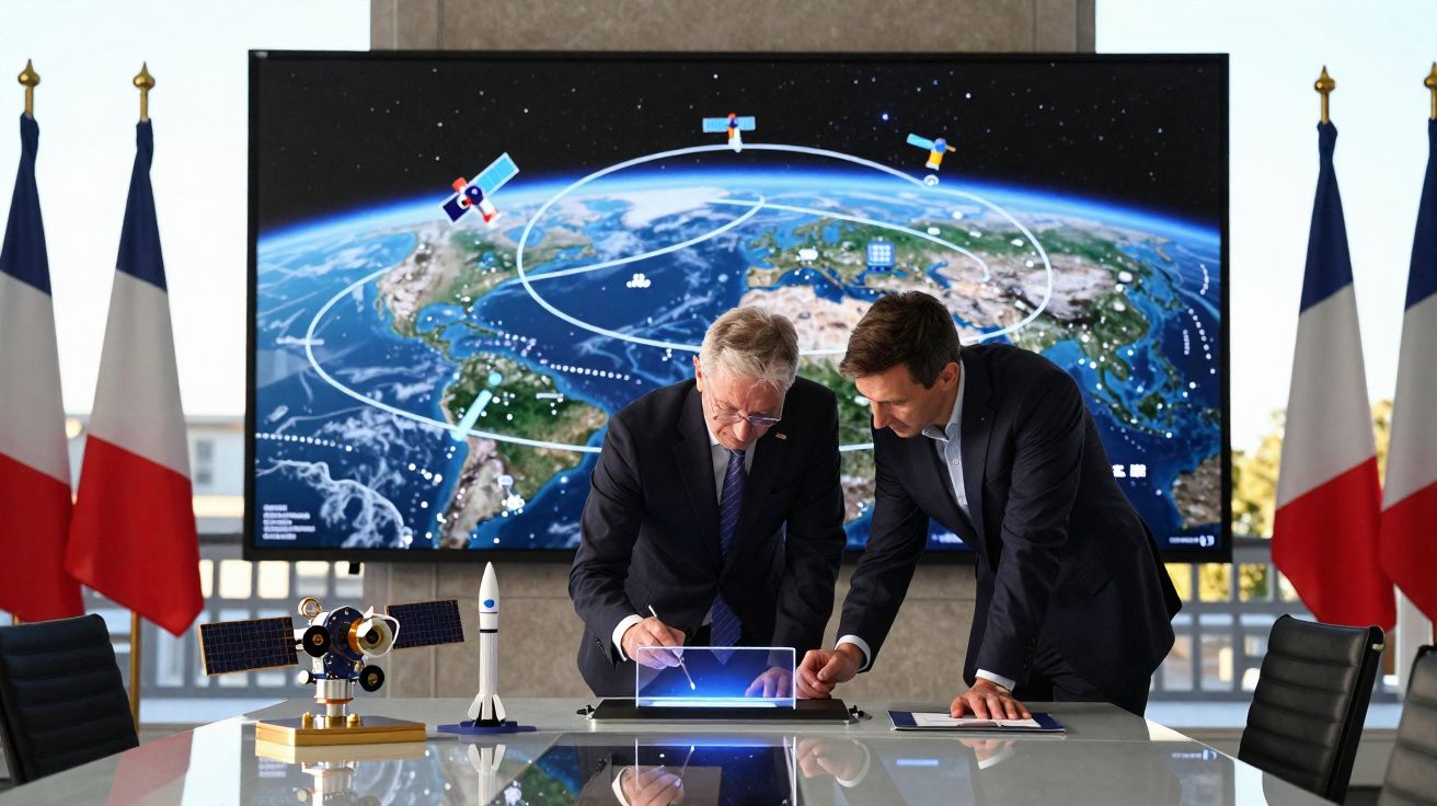Dois homens de fato estudam projeto espacial com satélites, foguete e mapa da Terra, com bandeiras de França ao fundo.