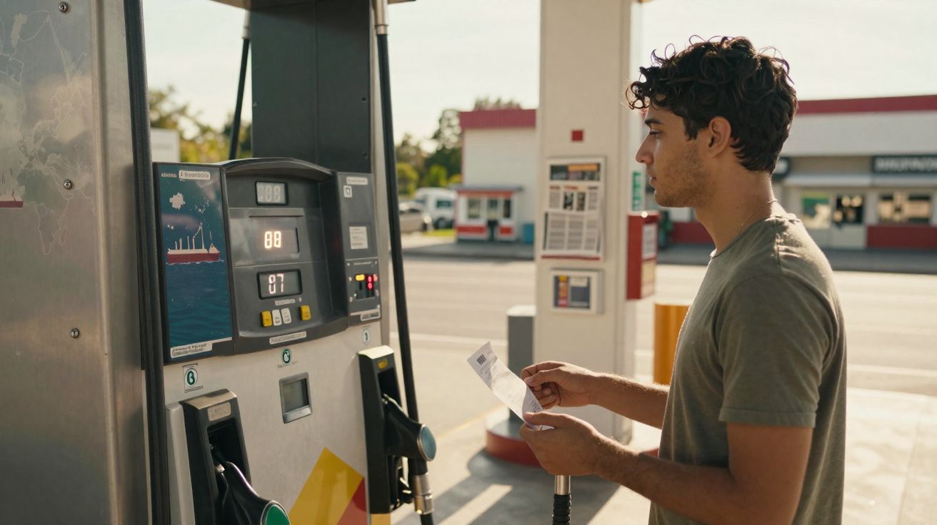 Jovem está numa bomba de gasolina a olhar para um recibo, segurando a mangueira do combustível.