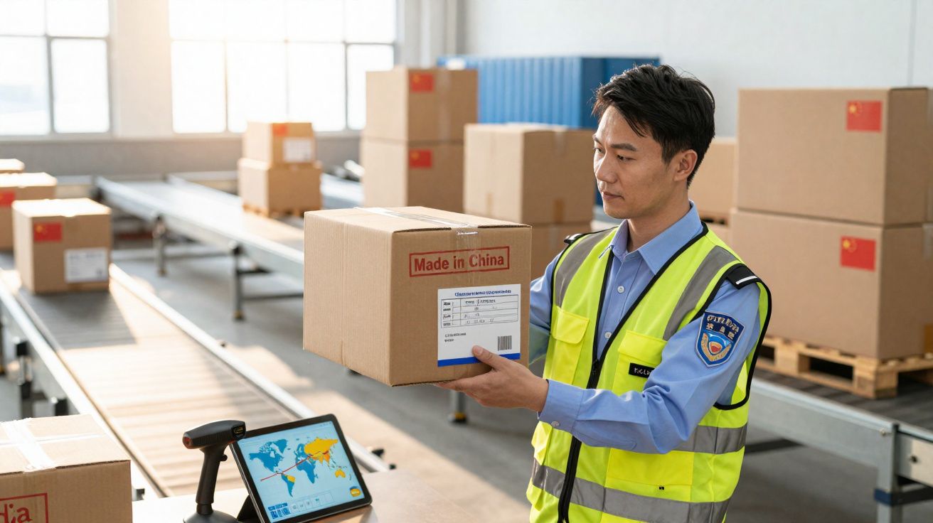 Homem com colete refletor a segurar uma caixa "Made in China" numa linha de embalamento.