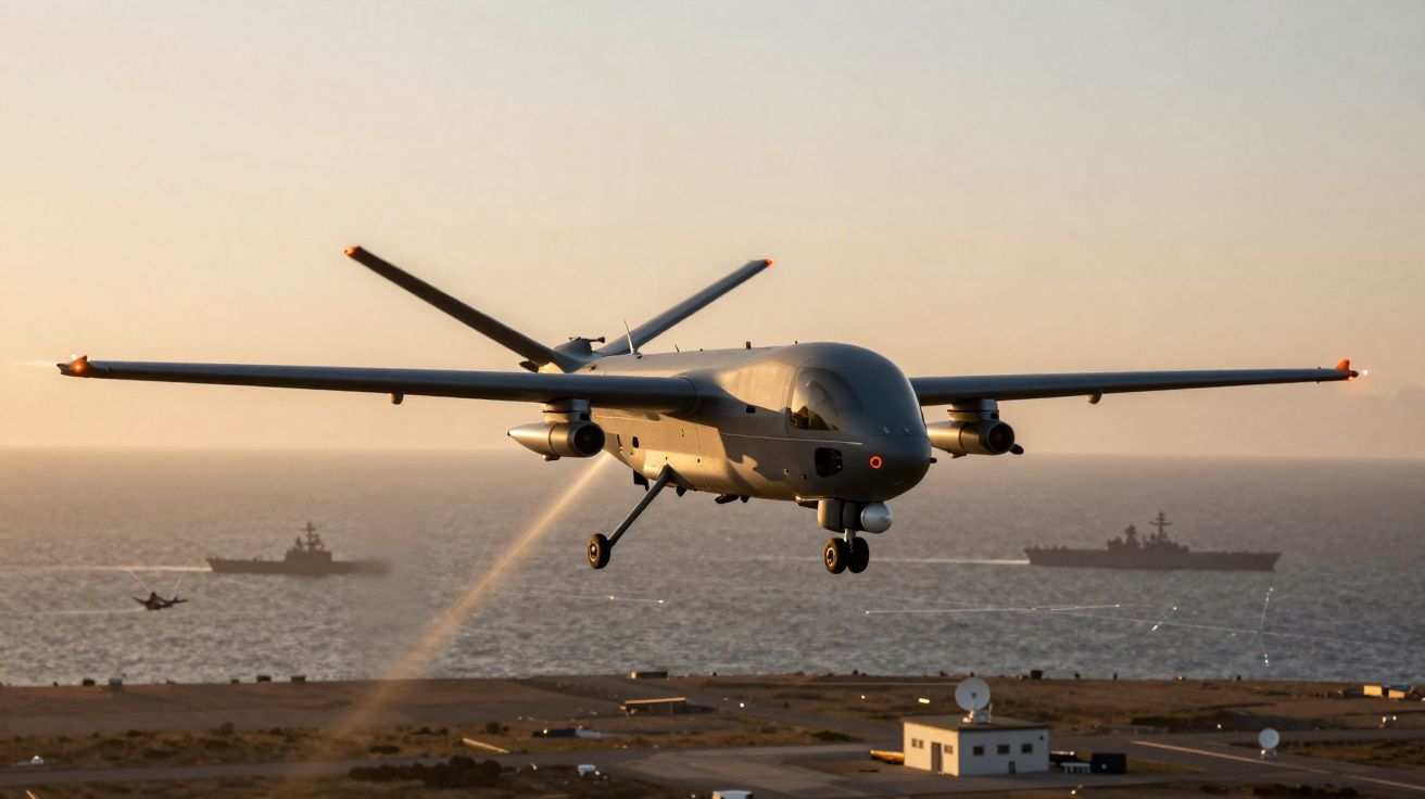 Drone militar voando ao pôr do sol com navios de guerra no mar ao fundo e instalações terrestres abaixo.