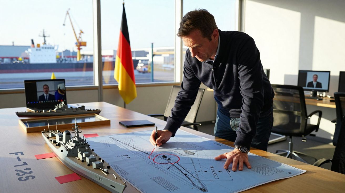 Homem a desenhar num plano naval numa mesa com maquetes de navios e bandeira da Alemanha ao fundo.