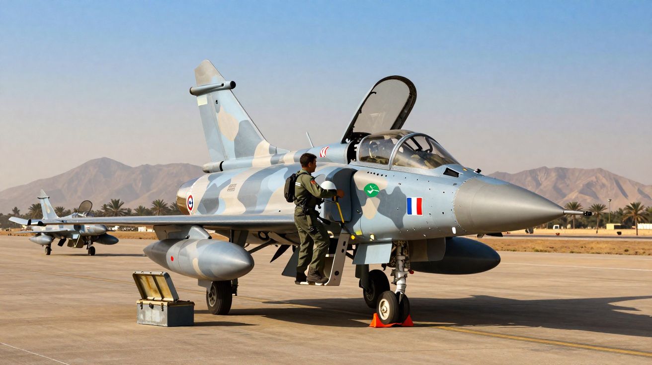 Piloto a entrar num caça militar camuflado azul e cinza numa pista de descolagem com montanhas ao fundo.