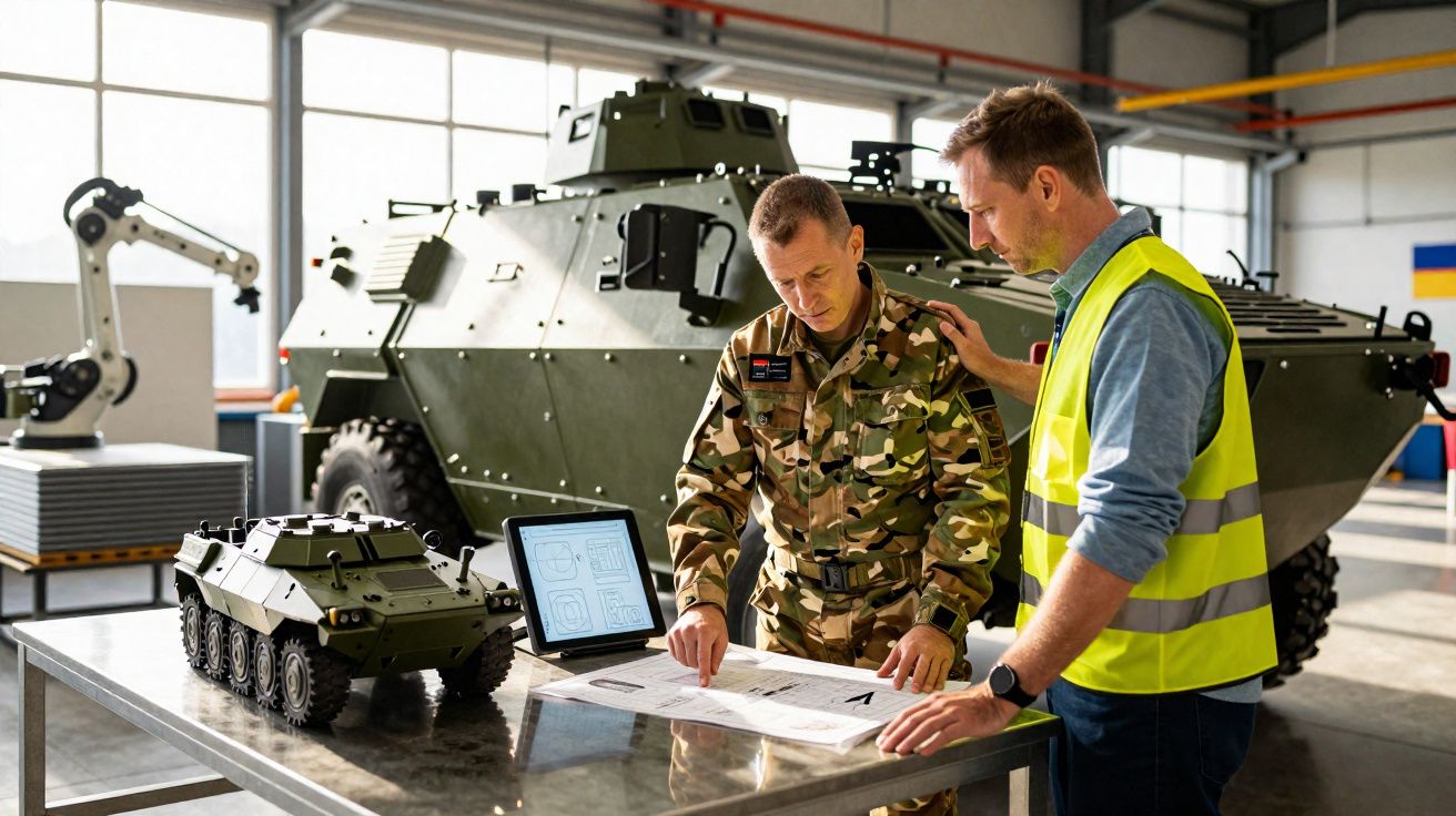 Dois homens analisam plantas técnicas junto a modelos de veículos militares num armazém industrial.