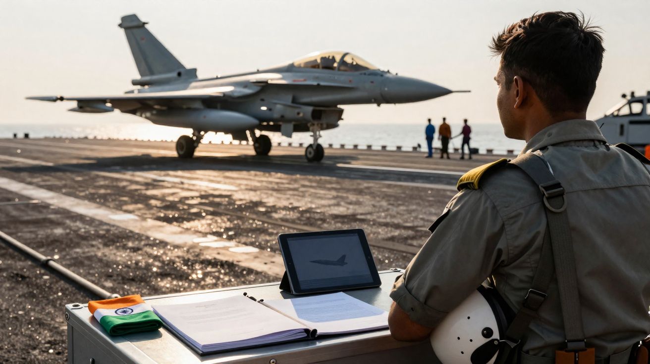 Militar observa avião de combate num porta-aviões ao pôr do sol, com documentos e tablet numa mesa próxima.