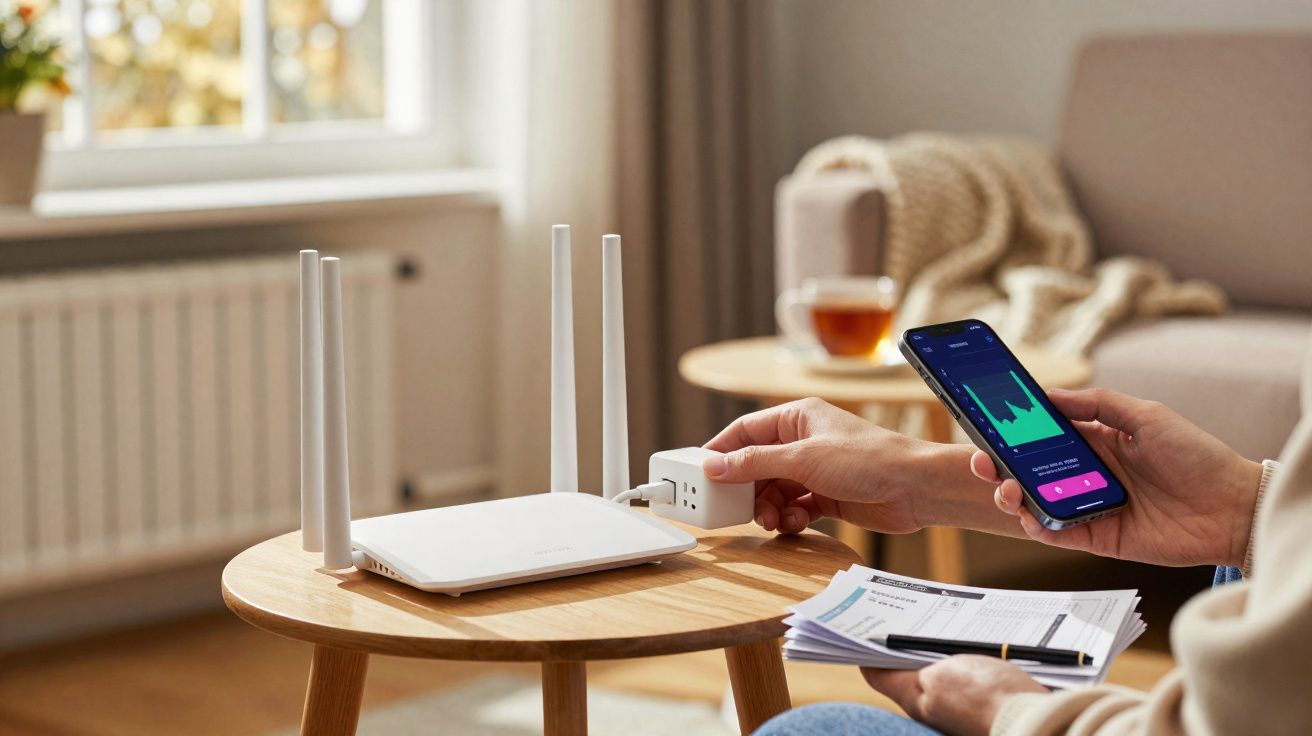 Pessoa a usar smartphone e a ligar um dispositivo a um router Wi-Fi numa sala de estar iluminada.