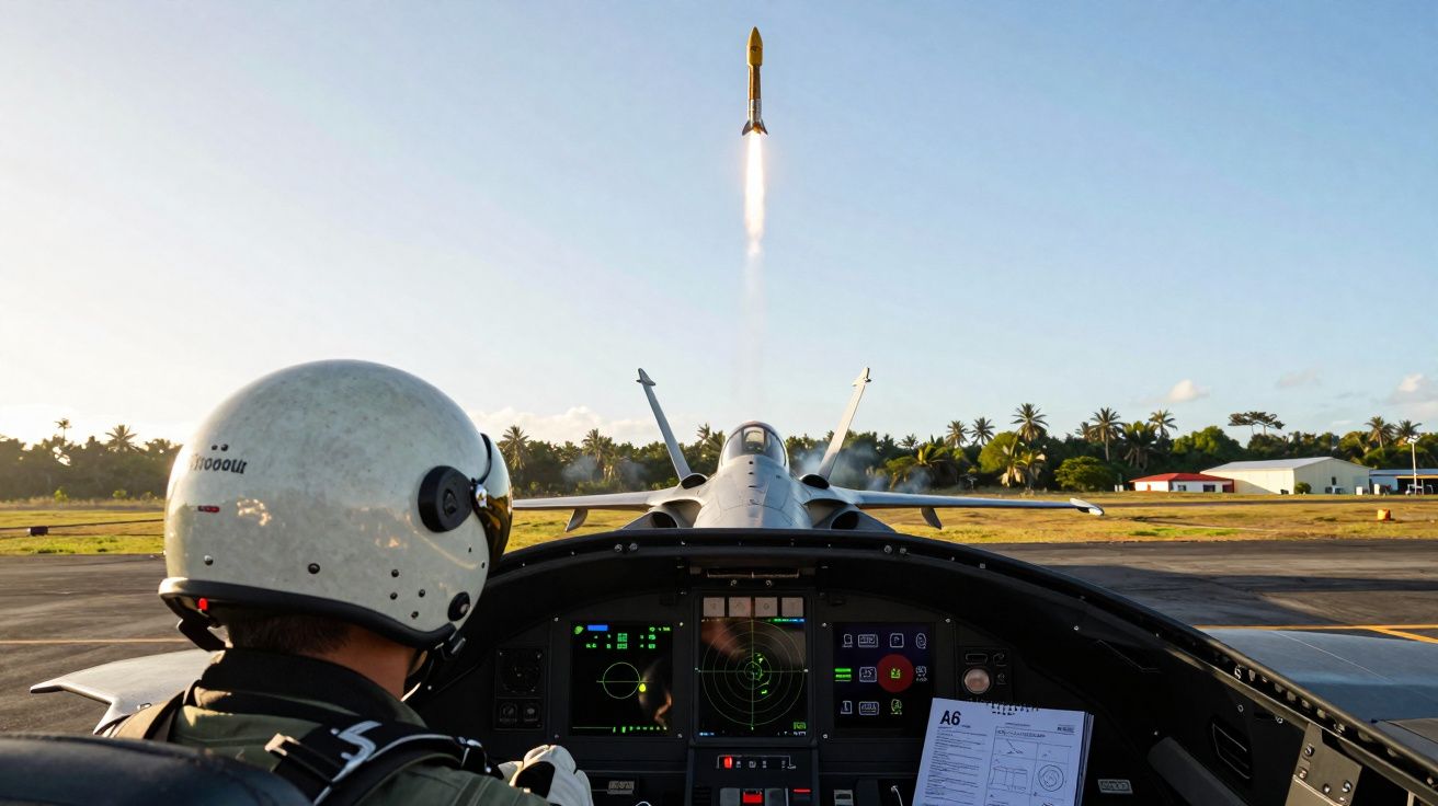 Piloto dentro de jato a observar o lançamento de um foguetão no céu durante o dia.