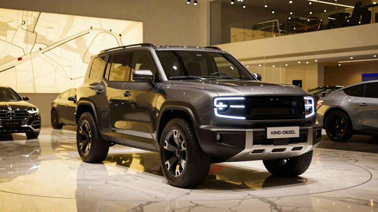 Carro SUV cinzento King-Diesel em destaque numa exposição de automóveis moderna e luminosa.
