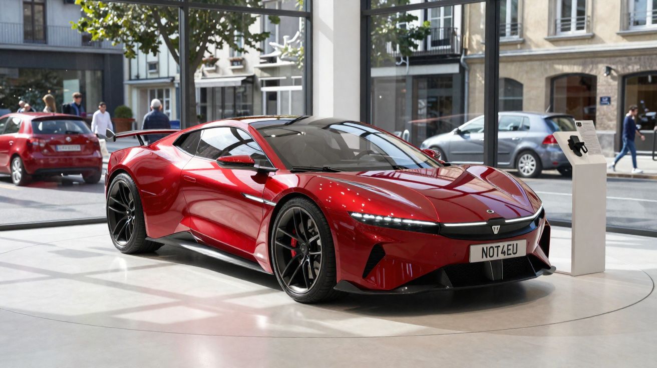 Carro desportivo eléctrico vermelho estacionado em showroom com amplas janelas e vista para a rua.