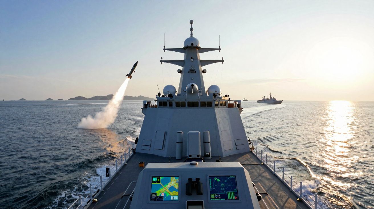 Navio de guerra lançando míssil durante exercício naval ao pôr do sol no mar.