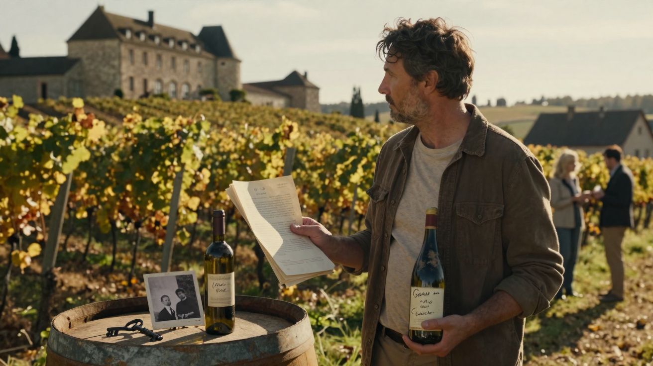 Homem num campo de vinha segura garrafa de vinho e documento, com barril, fotografia e chave à frente.