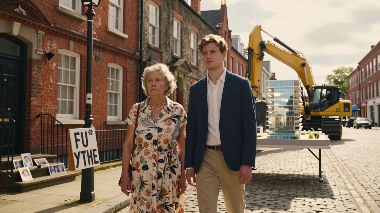 Mulher idosa e homem jovem caminhando numa rua de paralelepípedos com construções e retroescavadora ao fundo.