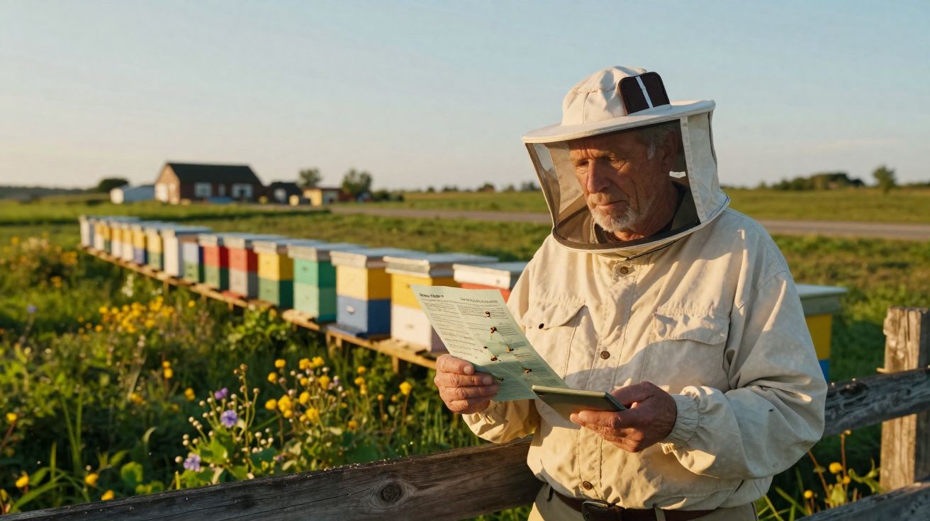 Apicultor com fato protetor lê instruções perto de colmeias coloridas numa paisagem rural ao pôr do sol.