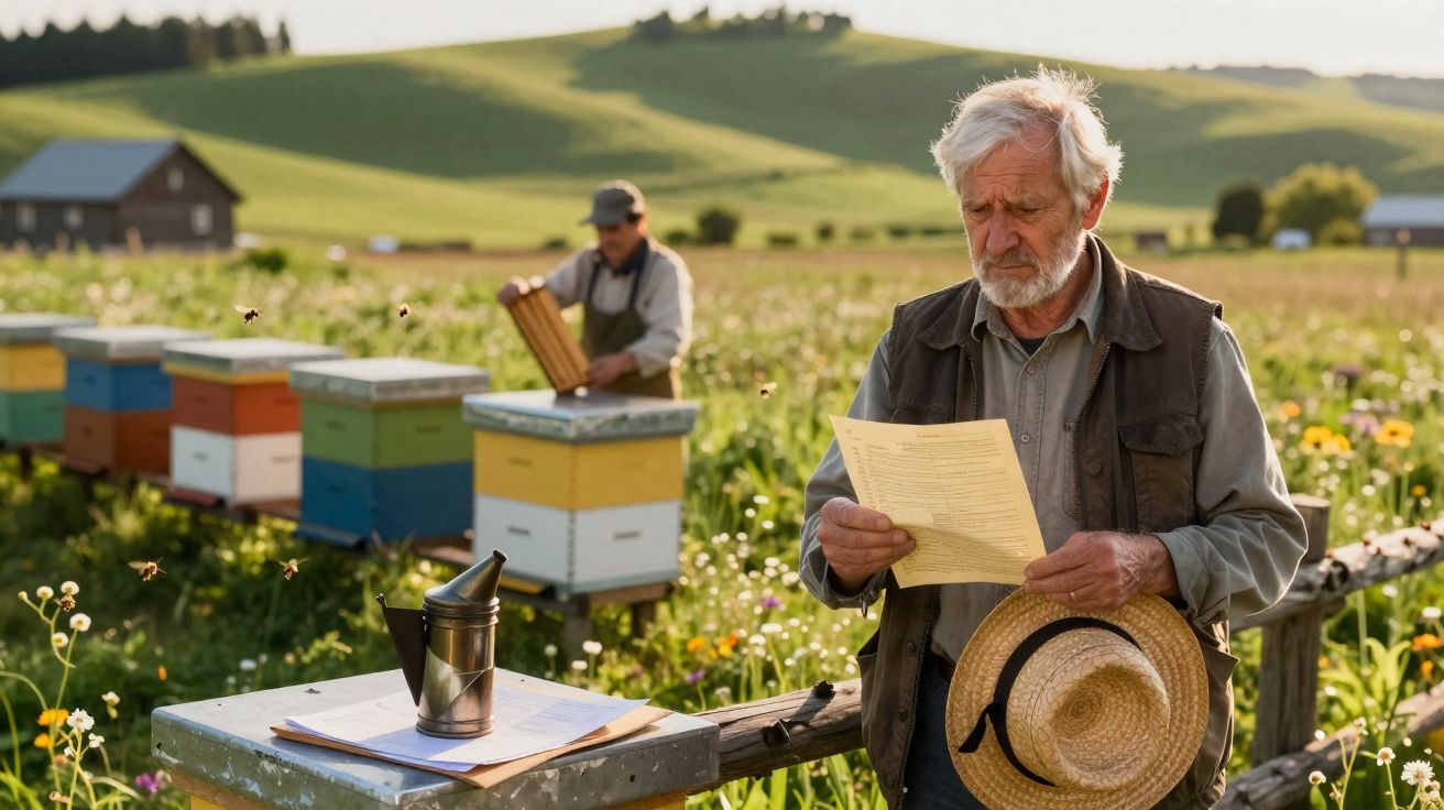 Apicultor idoso a ler documentos numa colmeia com outro apicultor a trabalhar no campo florido.