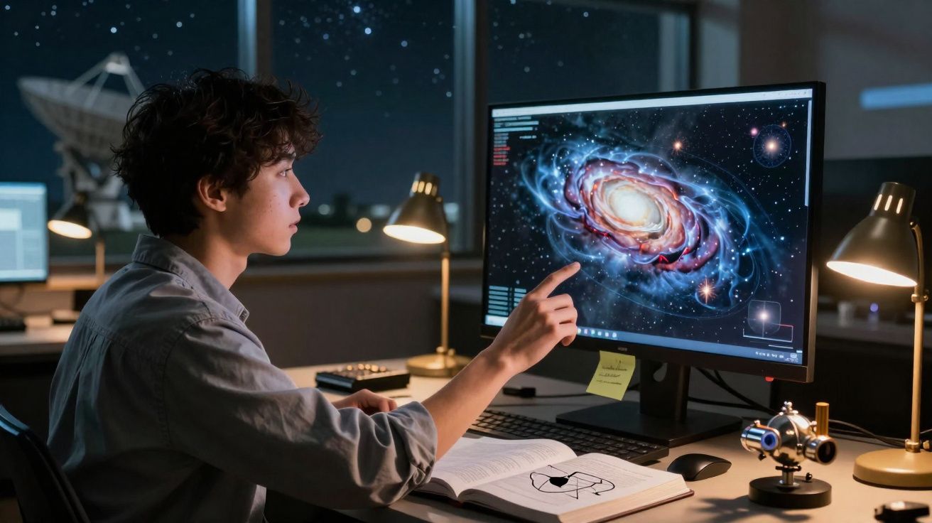 Jovem num espaço de trabalho a analisar imagem digital de uma galáxia numa tela de computador à noite.