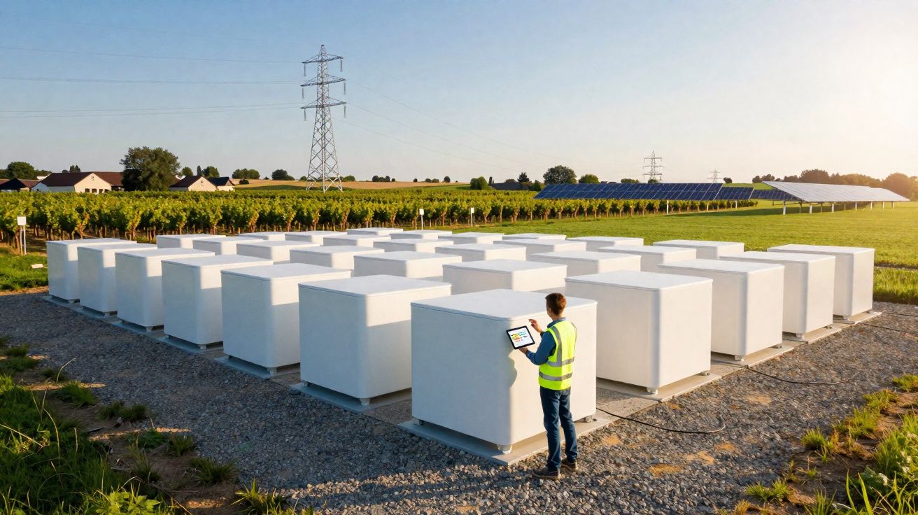 Homem com colete refletor controla baterias industriais ao ar livre junto a painéis solares.