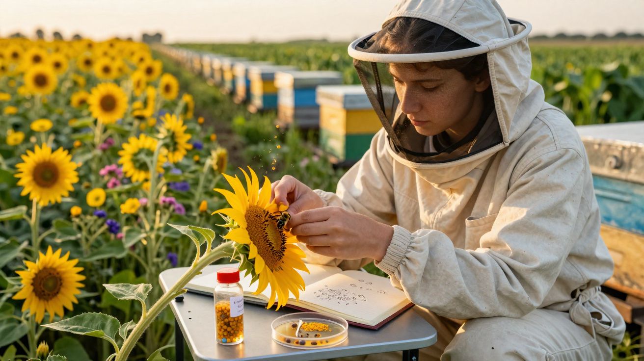 Apicultora em fato protetor estuda abelhas num girassol numa plantação de girassóis ao pôr do sol.
