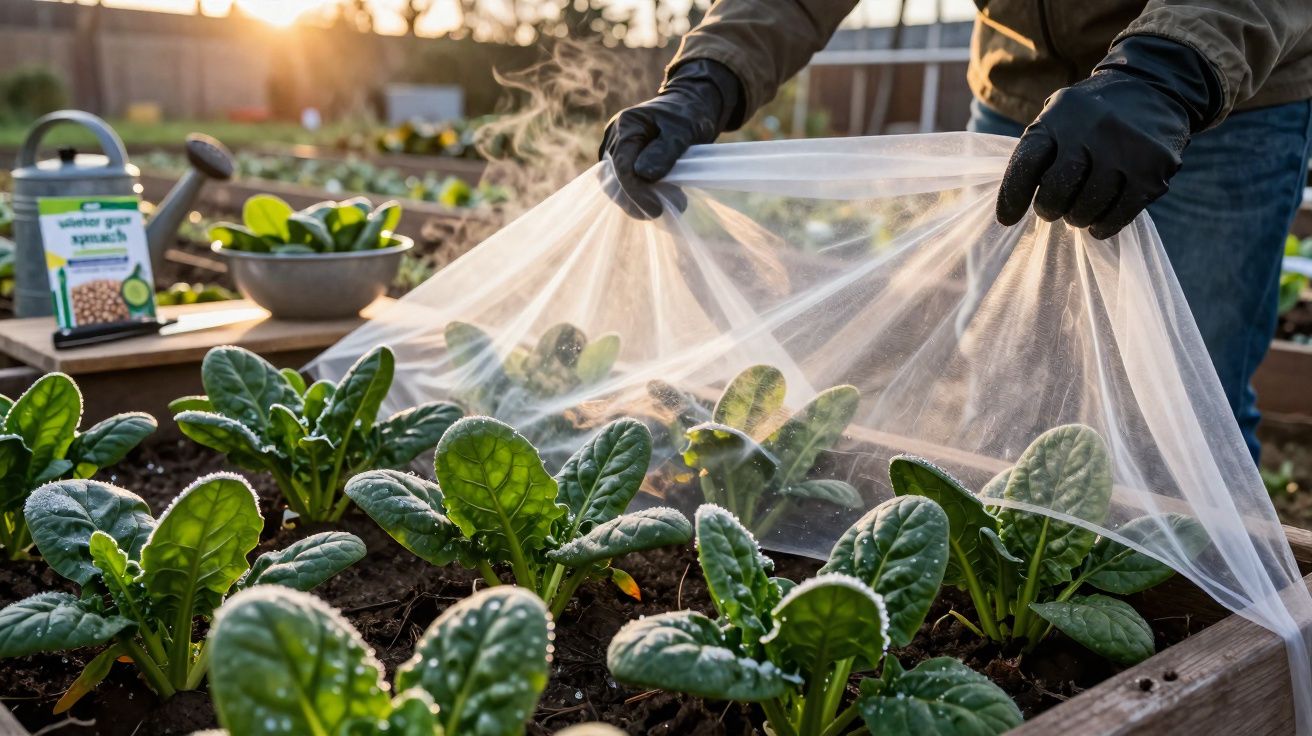 Pessoa a cobrir plantas verdes numa horta com uma rede protetora ao entardecer.