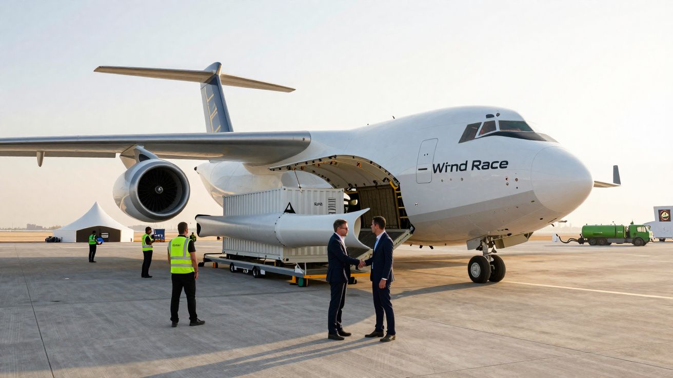 Avião de carga Wind Race no aeroporto com carga a ser descarregada e duas pessoas a cumprimentarem-se.