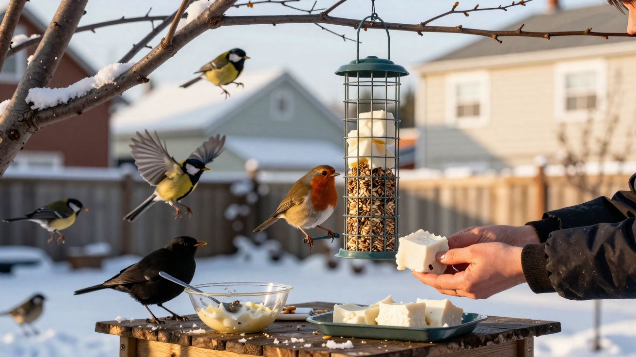 Pássaros a alimentar-se numa mesa de madeira com neve, com casas e neve ao fundo.
