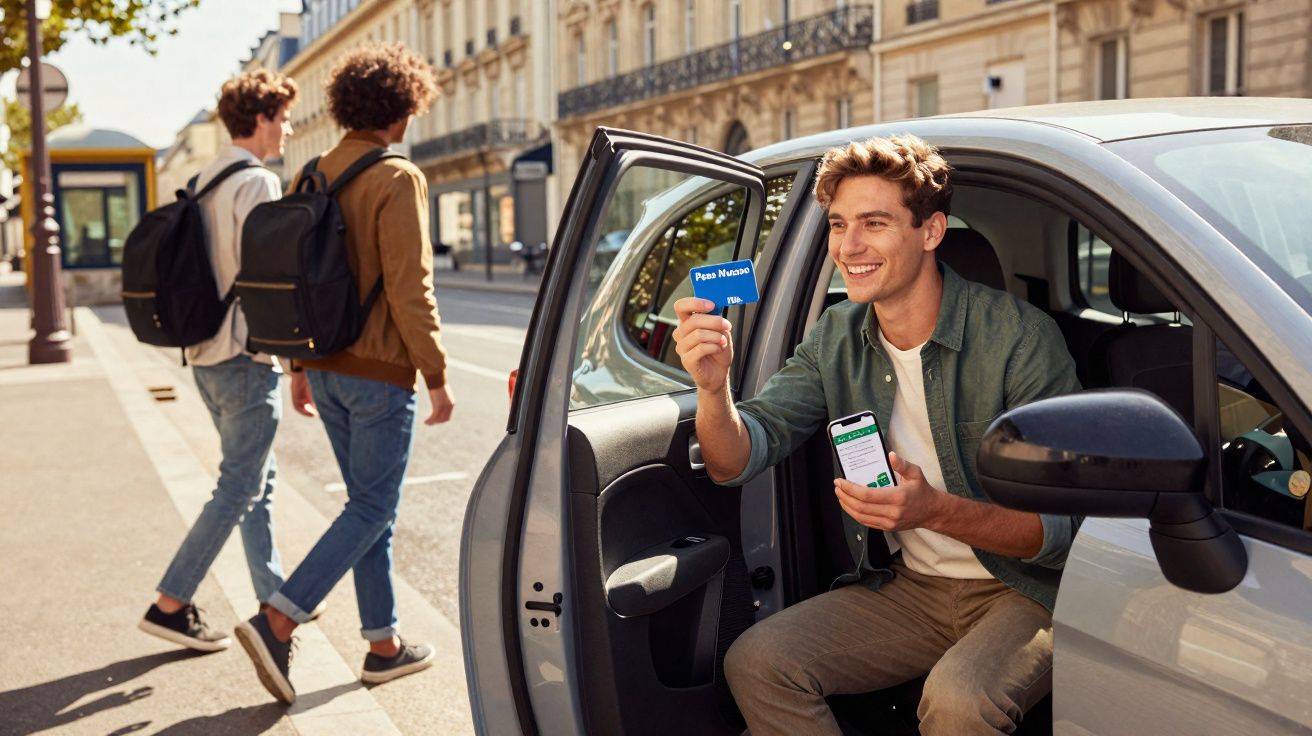 Homem sorridente sentado num carro estacionado a segurar cartão e telemóvel, dois jovens passam na calçada.