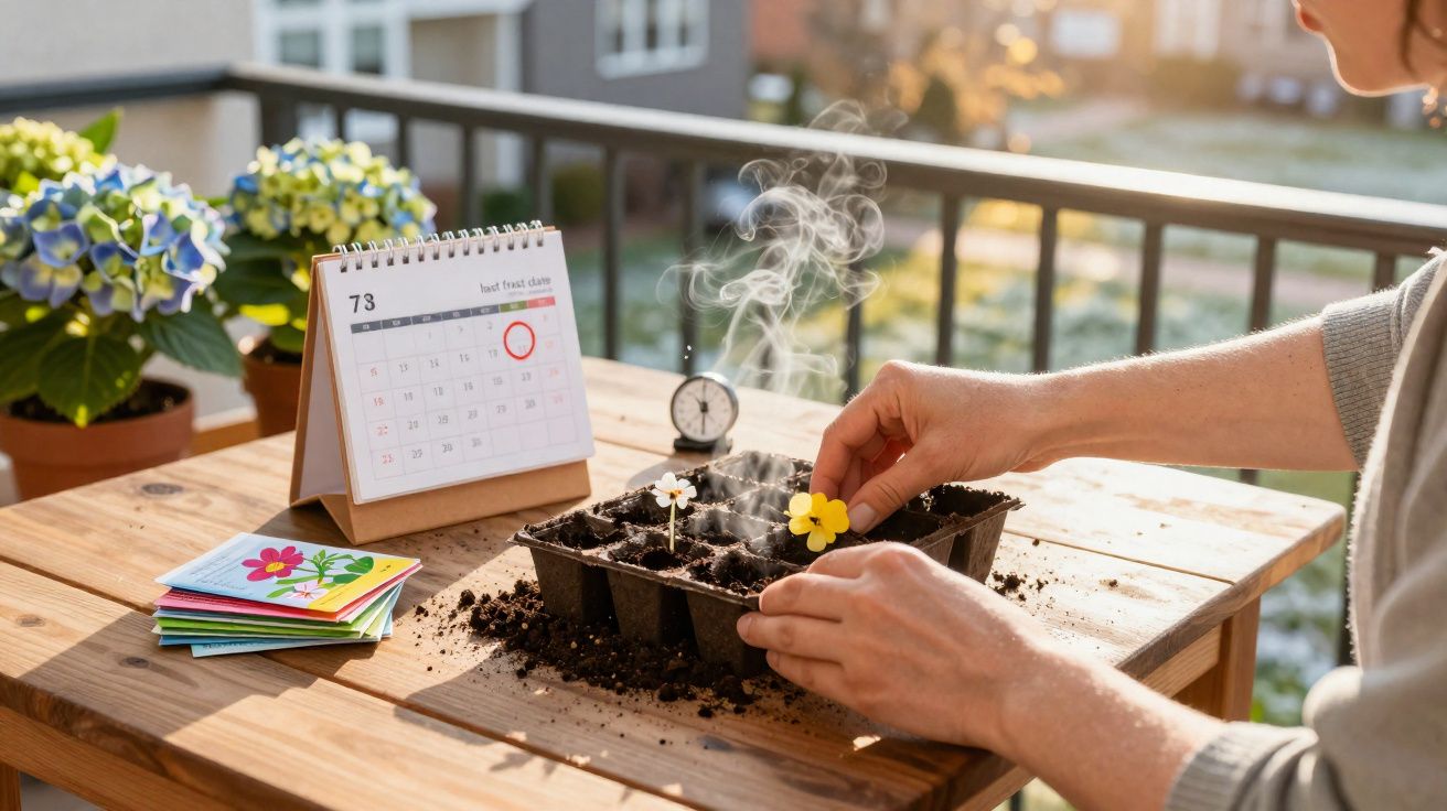 Pessoa a plantar uma flor amarela em vaso com terra, junto a calendário e termómetro numa mesa de madeira.