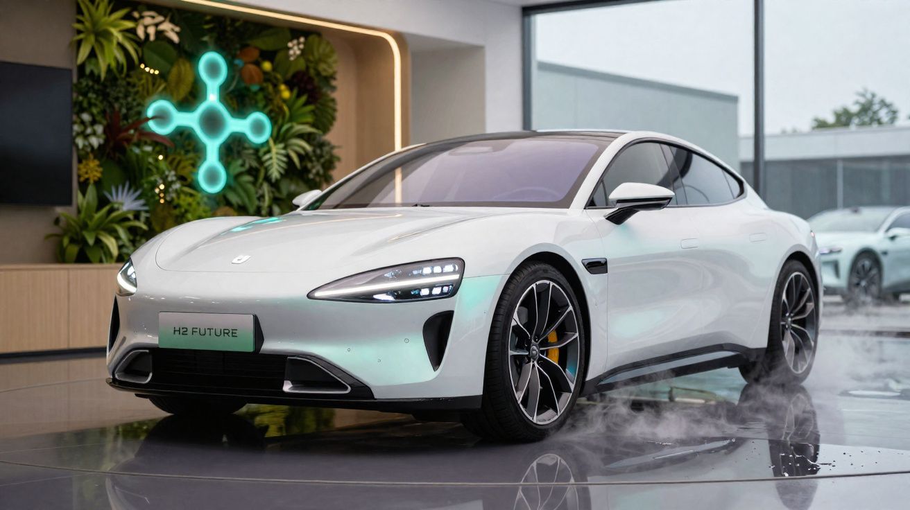 Carro elétrico branco futurista com design aerodinâmico em ambiente interior moderno e elegante.