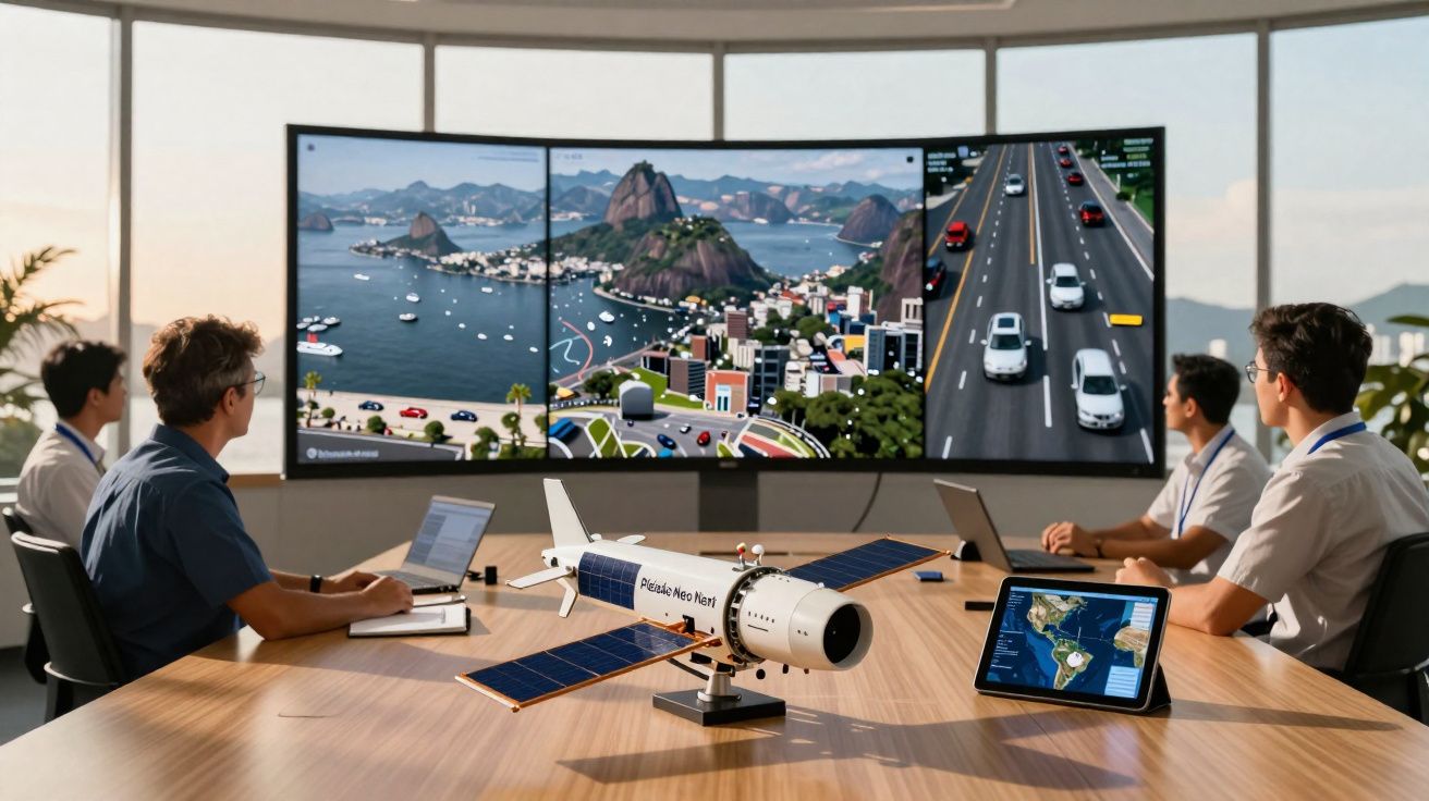 Quatro pessoas numa sala de reuniões com ecrãs grandes a mostrar imagens aéreas e modelo de satélite na mesa.