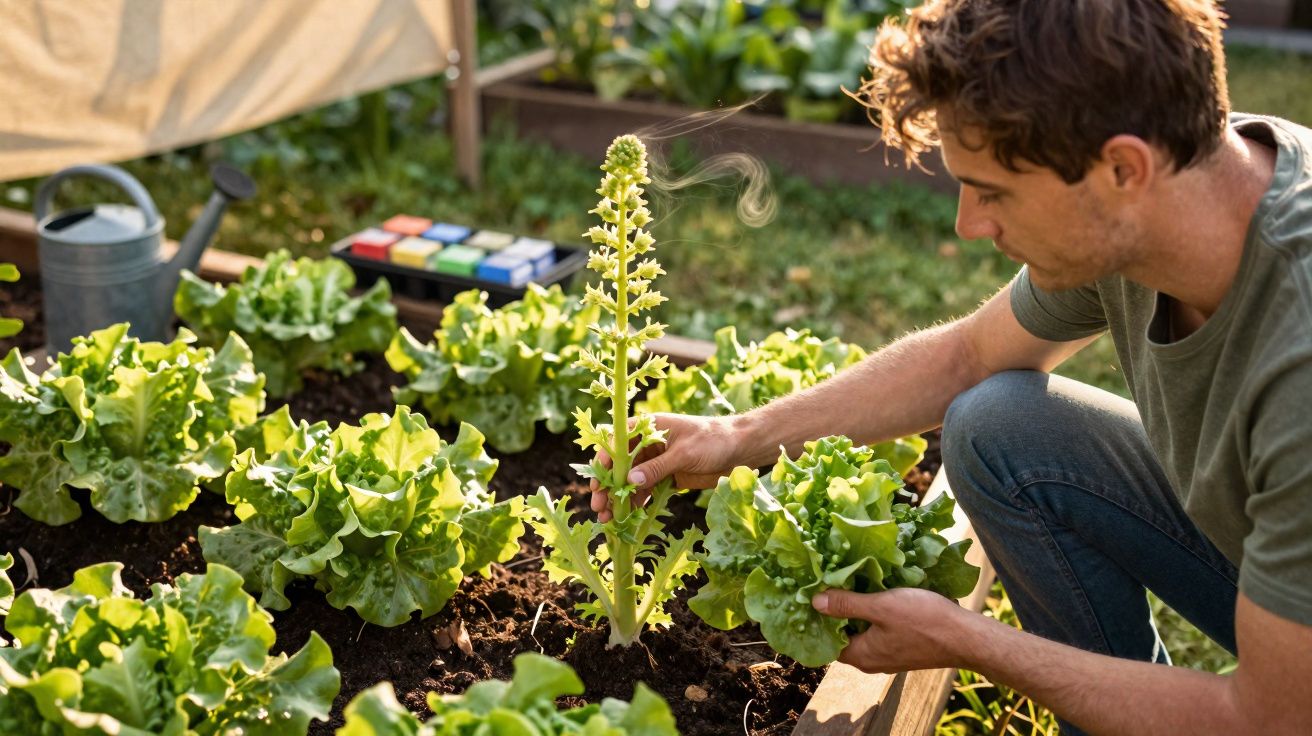 Homem a cuidar de plantas de alface num canteiro de jardim ao ar livre.