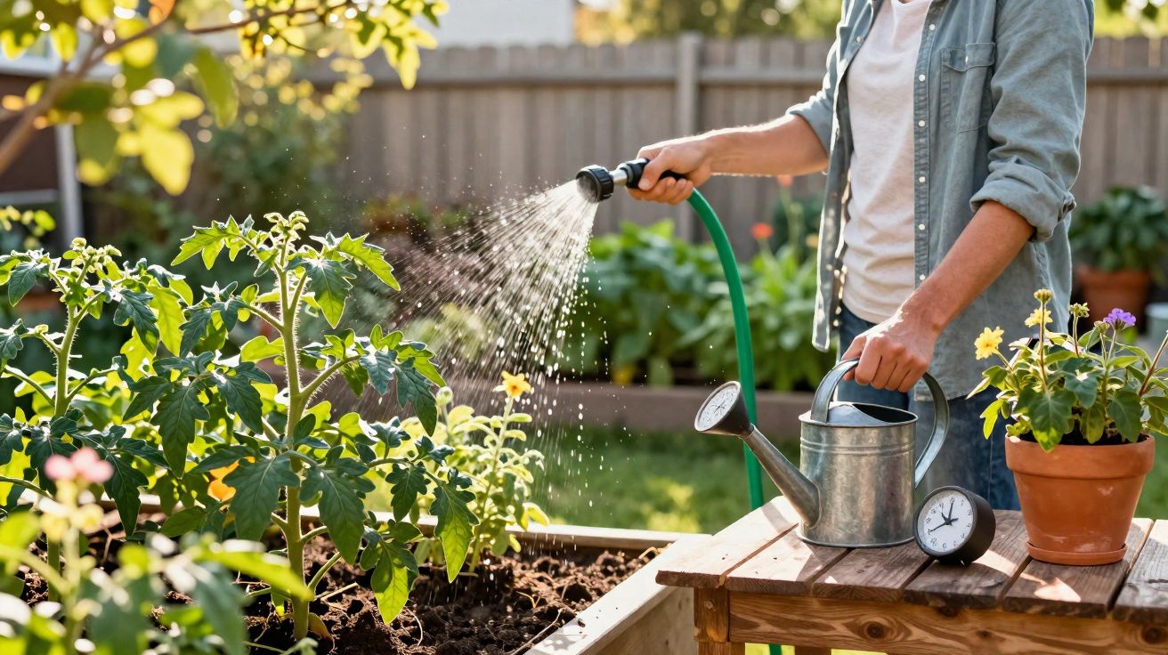 Pessoa a regar plantas num jardim com mangueira, perto de regador e relógio numa mesa de madeira.