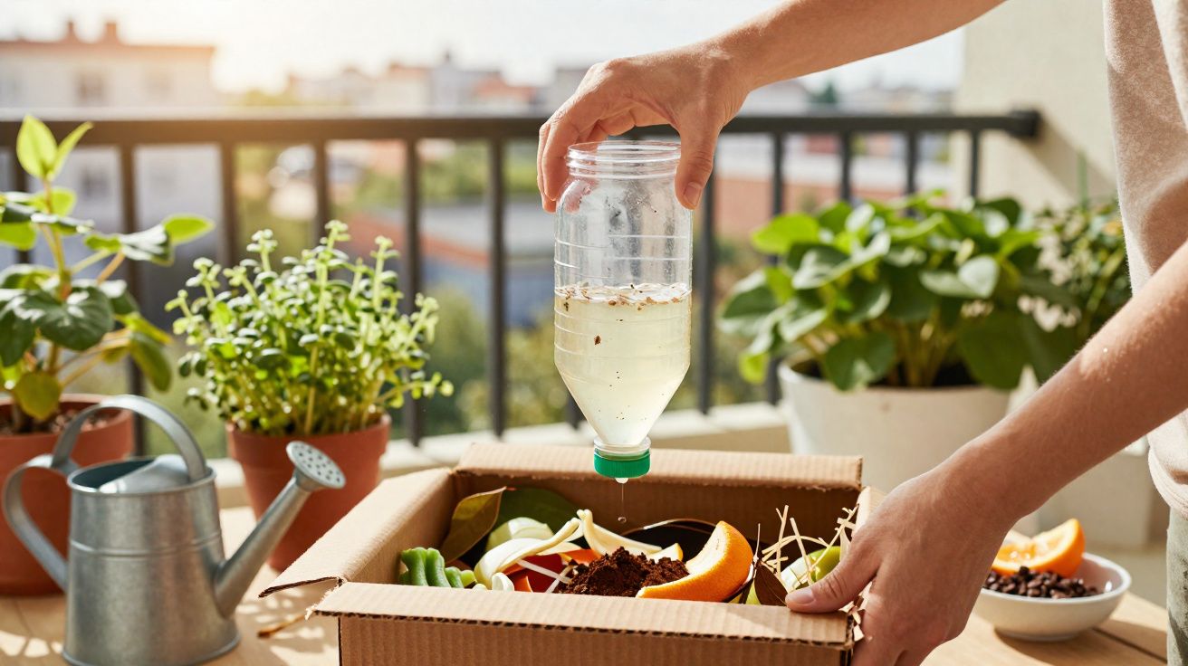 Pessoa a regar compostagem caseira com garrafa de plástico num ambiente exterior com plantas.