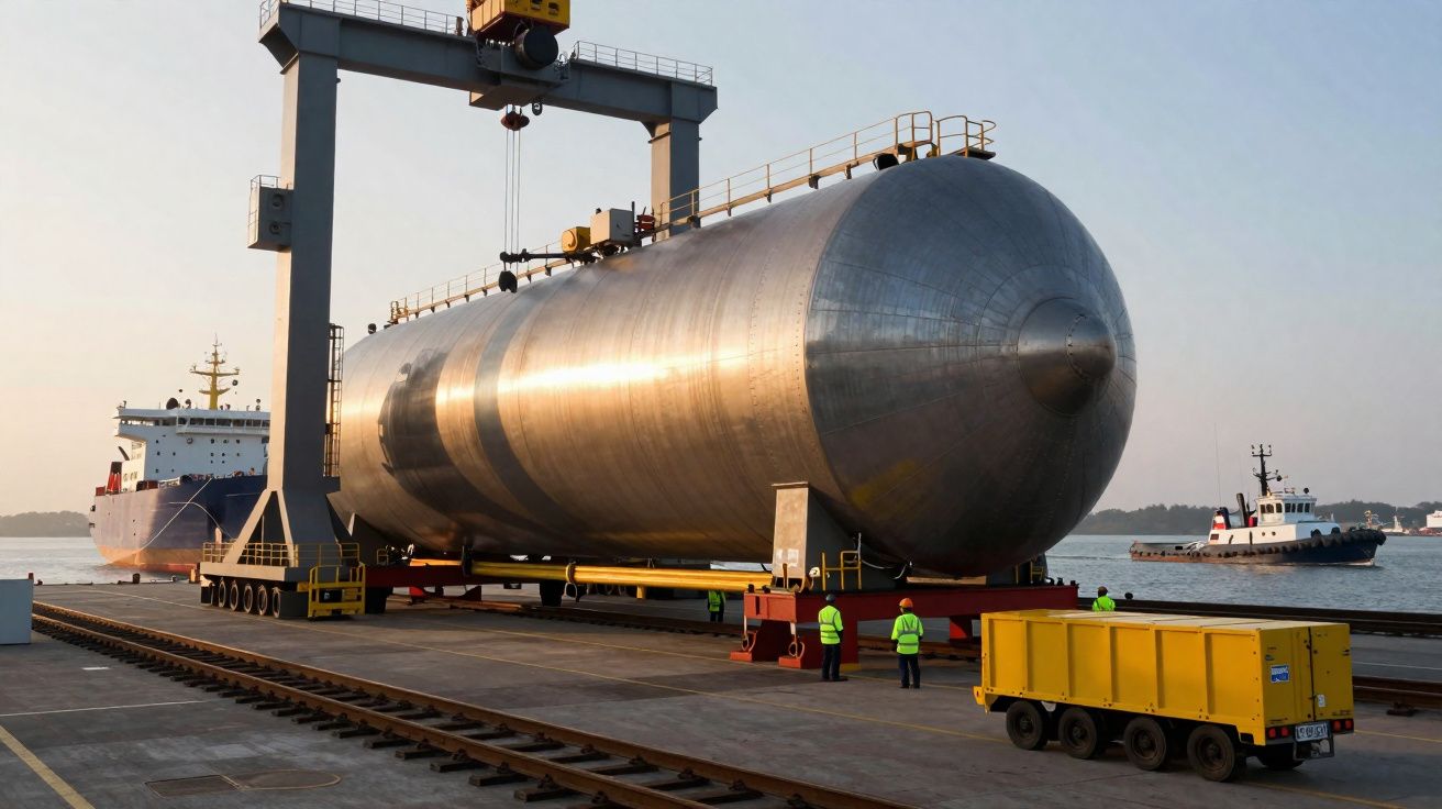 Cilindro metálico gigante num porto, com várias pessoas e embarcações ao fundo durante o pôr do sol.