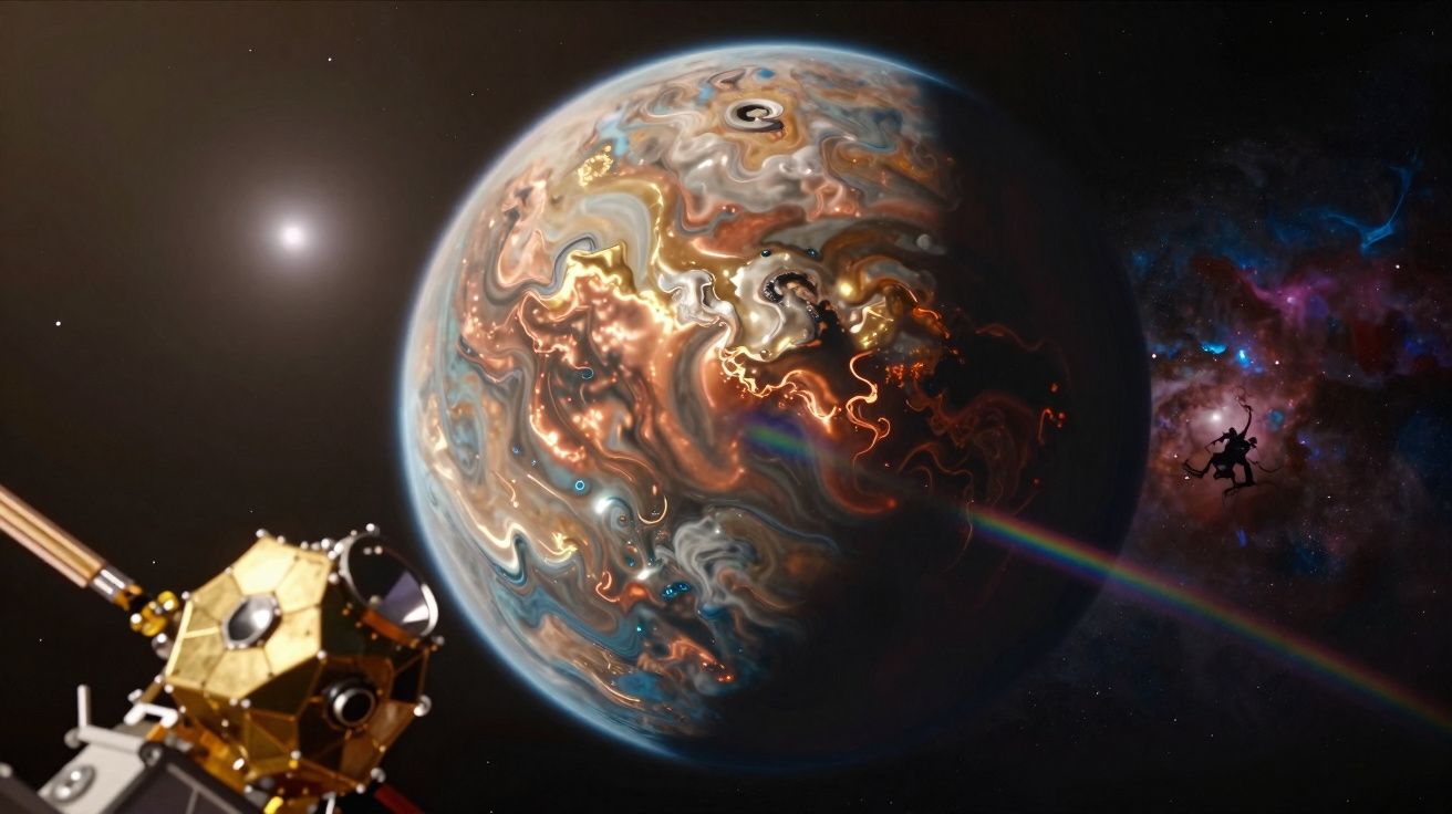 Planeta colorido e brilhante no espaço com nave espacial dourada em primeiro plano e eclipse ao fundo.