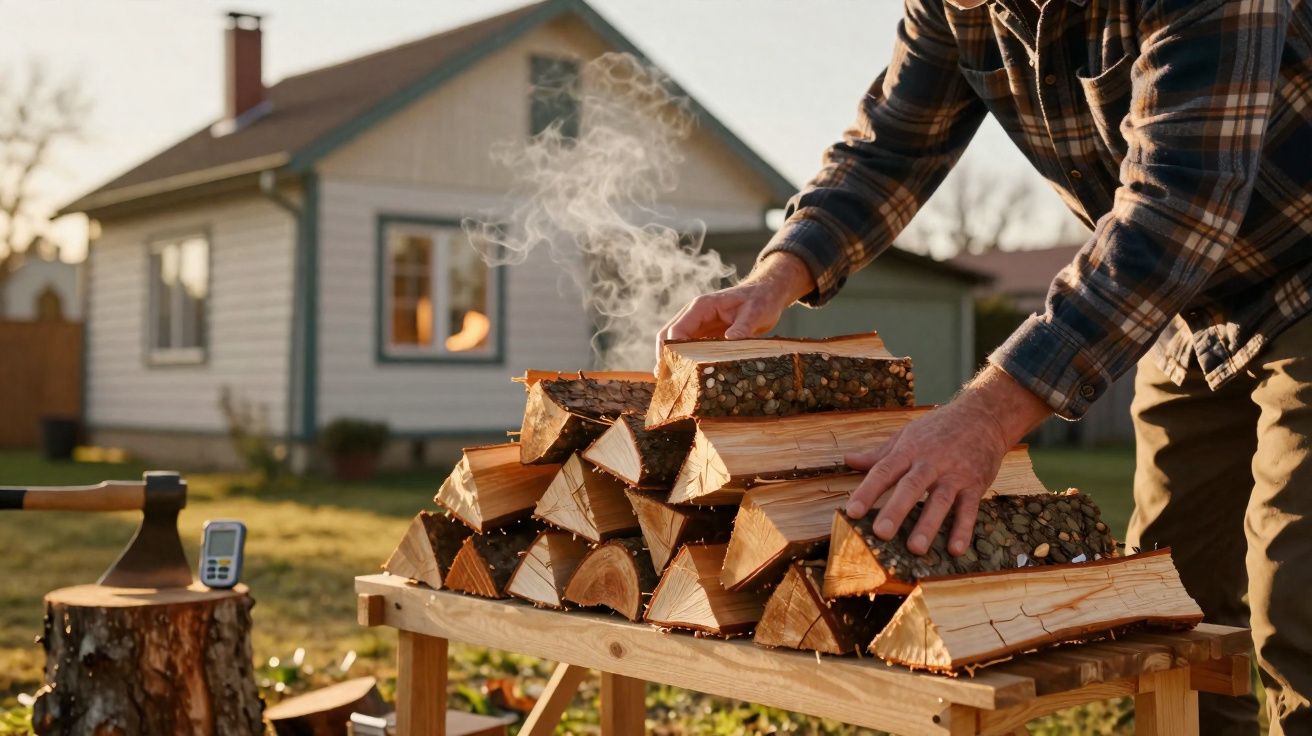 Pessoa a empilhar lenha fumegante num suporte ao ar livre, com casa ao fundo ao pôr do sol.