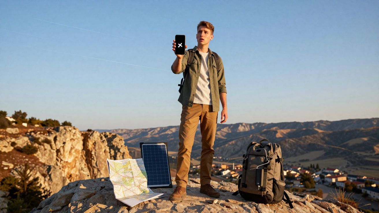 Jovem na montanha mostra telemóvel com sinal de erro, ao lado de mapa, painel solar e mochila, com vila ao fundo.