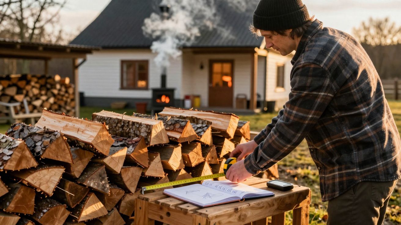 Homem a medir madeira junto a pilha de lenha com casa e lareira ao fundo ao pôr do sol.
