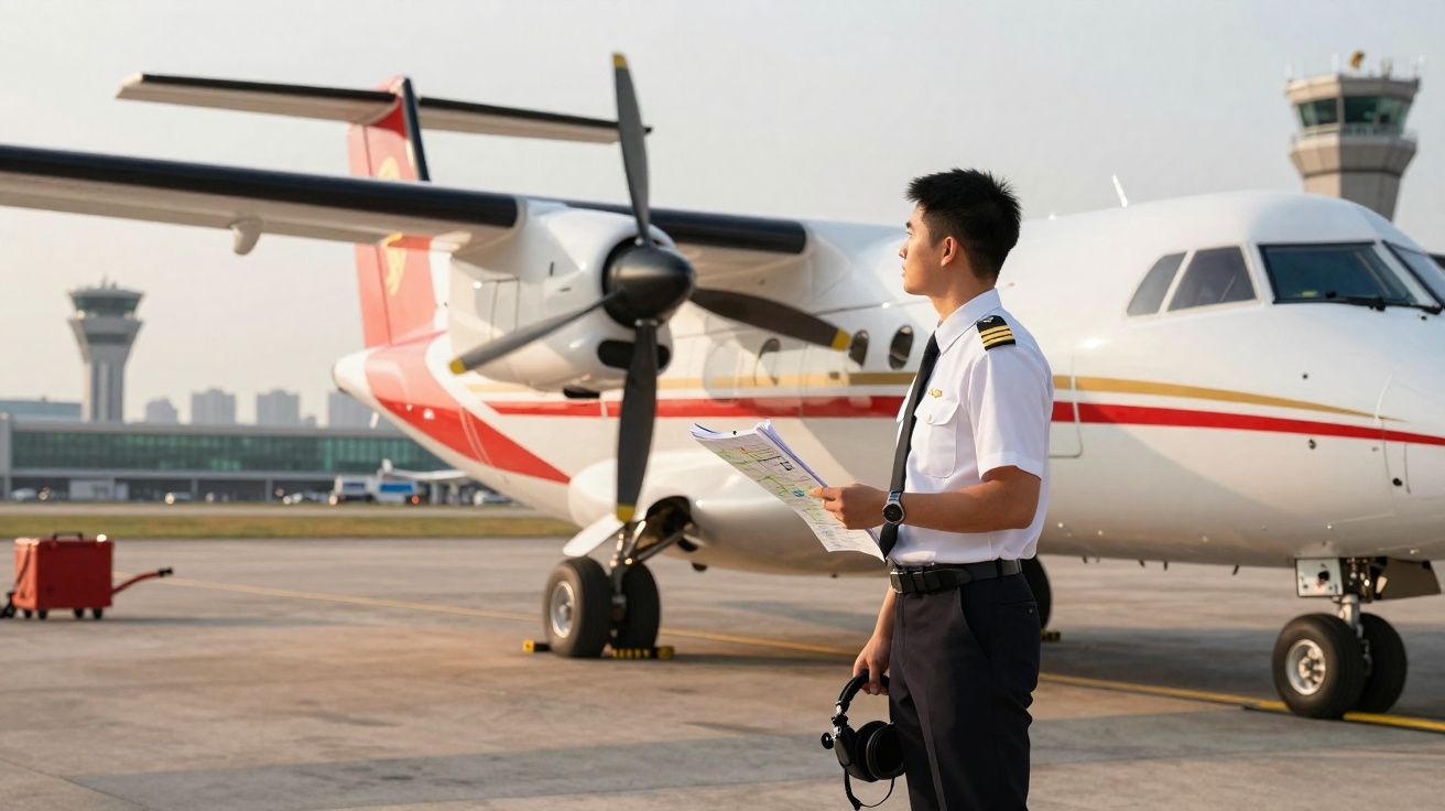 Piloto em uniforme branco segura fones e mapa junto a avião turboélice no aeroporto ao entardecer.