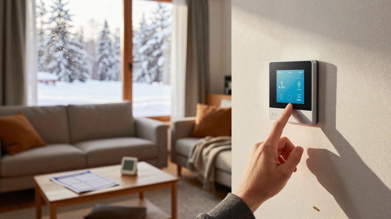 Mão ajusta termóstato digital fixado numa parede numa sala com sofá e janela para paisagem nevada.