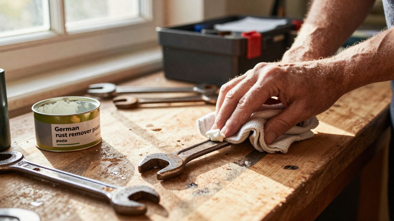 Mãos a limpar uma chave inglesa com um pano e pasta removedora de ferrugem num banco de madeira.